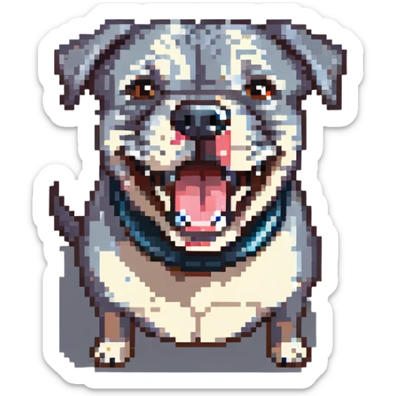 round circle puppy head only, full grey bleu staffy, big open mouth, big tongue out, stupid expression sticker