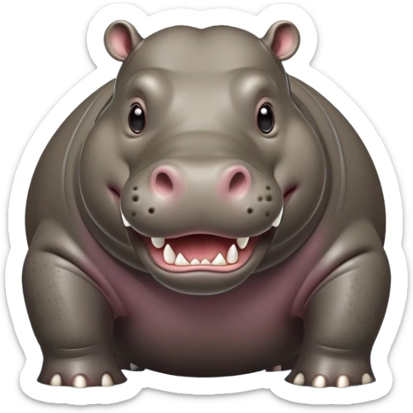 cinematic-hippo-realistic-full-body-standing on all fours-emoji,-massive-round-frame-partially-submerged-in-muddy-water,-wide-mouthed-grin-exposing-huge-teeth,-head-tilted-dramatically,-thick-greyish-brown-hide-glossy-from-water,-simplified-yet-realistic-focused-features,-highly-detailed,-glowing-with-an-almost-sarcastic-glow sticker