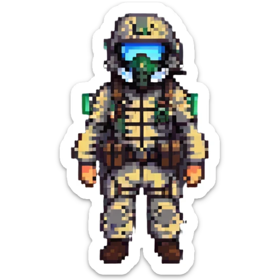 Konig from Call of Duty in pixel art style, focusing on his mask and tactical appearance sticker