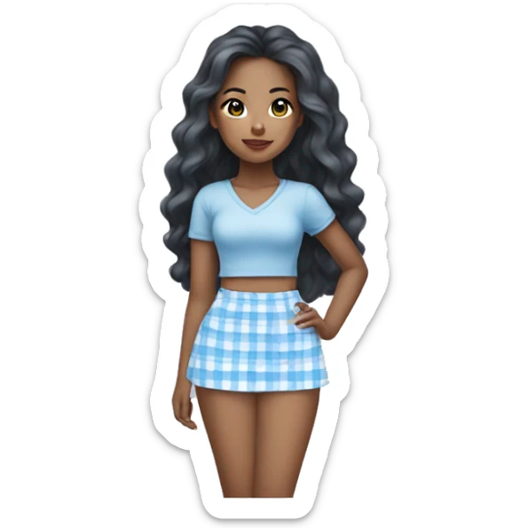 Pretty mixed Asian black girl with long wavy hair wearing a baby blue and white plaid mini skirt  sticker