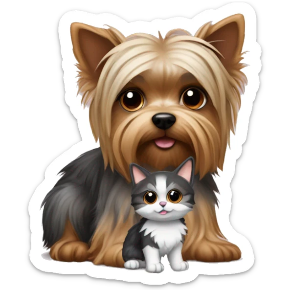 A Yorkshire terrier dog and a Scottish cat, the color of raccoon fur, sit together sticker