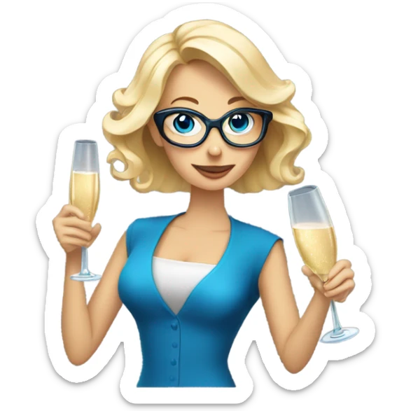 À blonde woman with blue eyes wearing glasses opening a bottle of champagne sticker