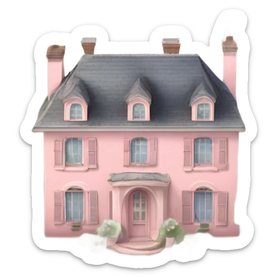 pastel pink 19th century house surrounded by amazing french style garden with rose bushes and apple tree orchards and water fountains sticker