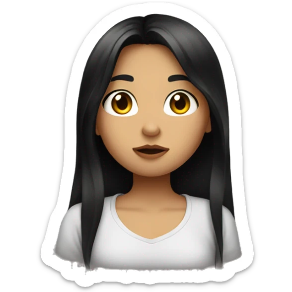 A girl with long dark hair, brown eyes, in a black T-shirt, sending a kiss sticker