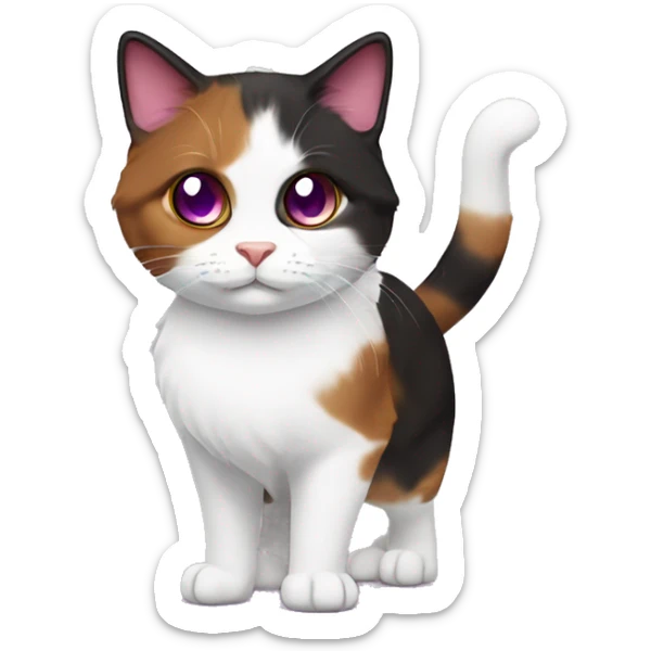 Calico cat with purple eyes and white pupils, dark brown, red, and white color, Munchkin Fluffy cat sticker