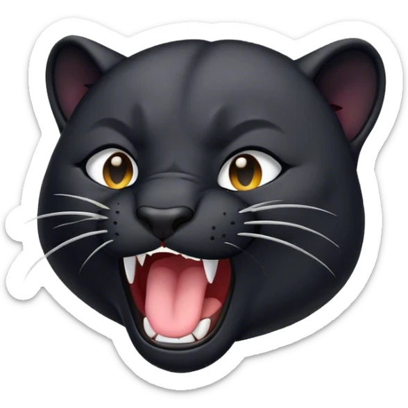 Cinematic Cute Yawning Panther Portrait Emoji, Head tilted slightly with a dramatic, wide-open yawn, showcasing a sleek, shadowy form with drowsy, half-closed eyes and a relaxed, open expression, Simplified yet irresistibly adorable features, highly detailed, glowing with a soft, cozy dark glow, high shine, relaxed yet expressive, stylized with a dash of whimsical elegance, soft glowing outline, capturing the essence of a drowsy yet affectionate jungle guardian that appears ready to stretch out for a nap! sticker