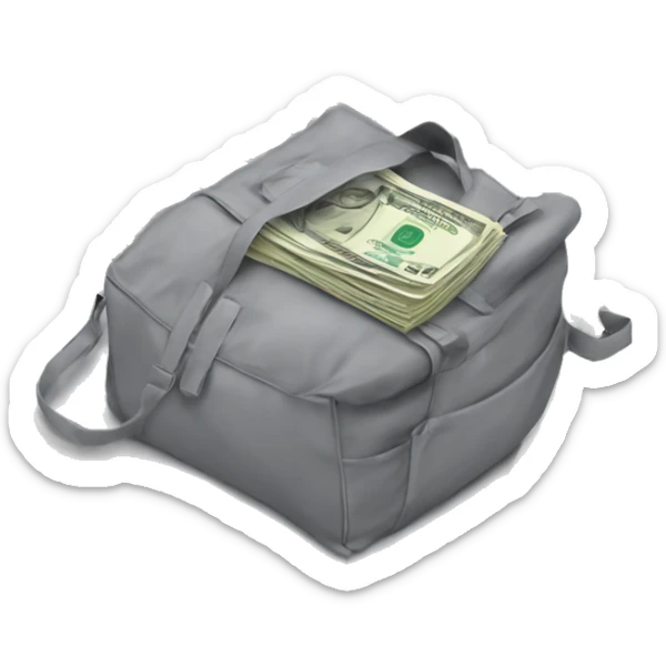 A gray MacBook-like LAPTOP SEEN FROM THE BACK with a bag of money behind it sticker