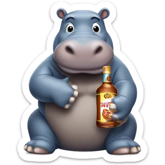Hippo with malibu rum bottle in hands in classic iOS emoji style  sticker
