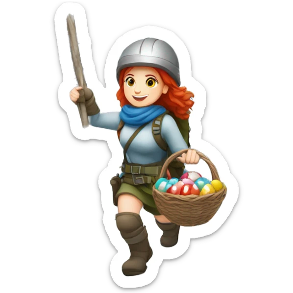 Female winter mountaineer red hair white skin climbing with Greek Flag and Easter eggs basket sticker