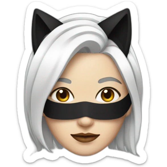 A woman with white hair and cat ears and a black mask around her eyes has white skin  sticker