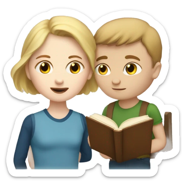 a woman with brown hair and pale skin site and read a book to a young boy with pale skin and blonde hair sticker