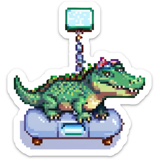 pixel art green crocodile standing on top of a small cartoonish airplane, small size sticker