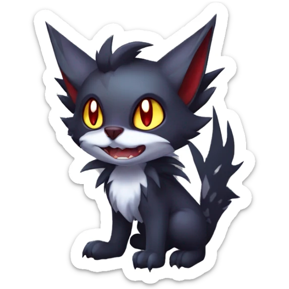   cool cute fantasy anime-style dark animal vampiric Litten-Zoroark-Nargacuga-cat-hybrid Fakemon with big fangs and bat-ears full body sticker