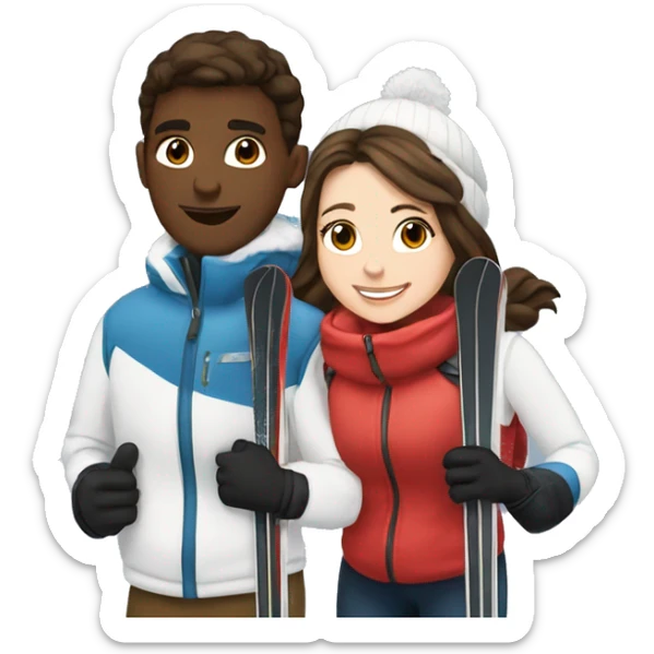 White brunette boy and white brunette girl skiing together in love (just them two, they are both white and brunette) sticker