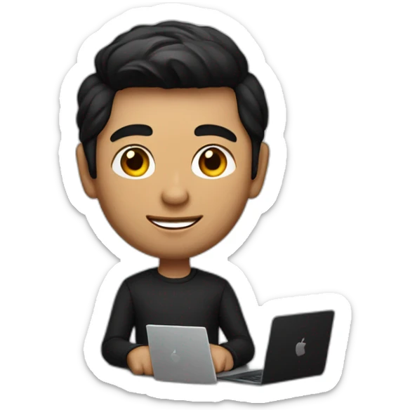 memoji of a man with a laptop in front, apple-style,modern,dark hair,black sweater,computer in hand, srilankan, he site on a desk sticker