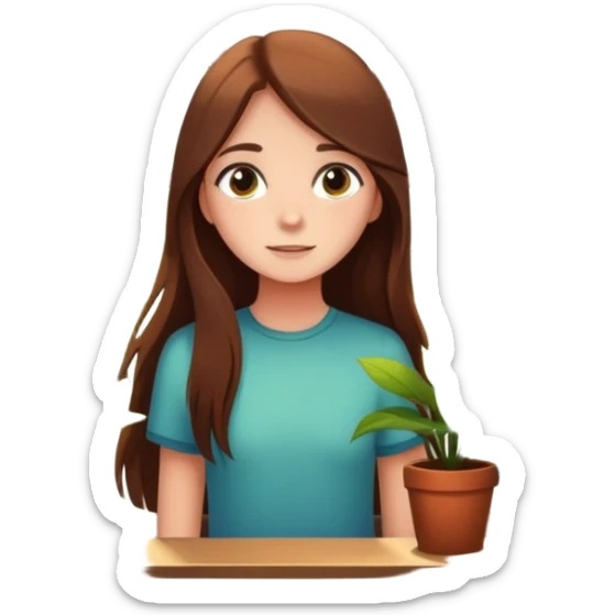 Girl with long brown hair looking out a window with sunbeams and houseplants around her in the background cartoon style  sticker
