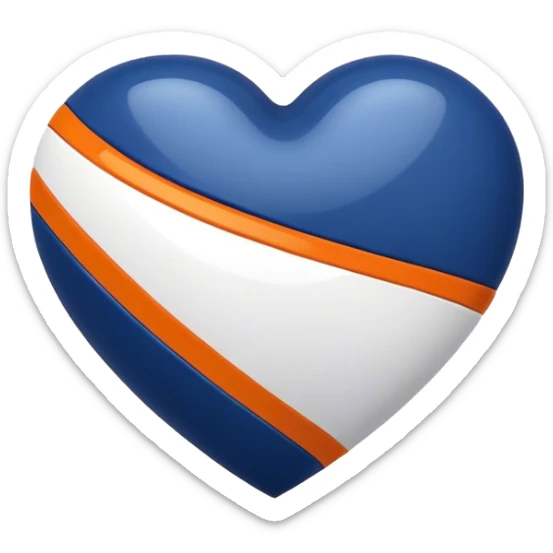 Glossy, sporty dark blue heart with diagonal white and orange athletic stripes going down one side sticker