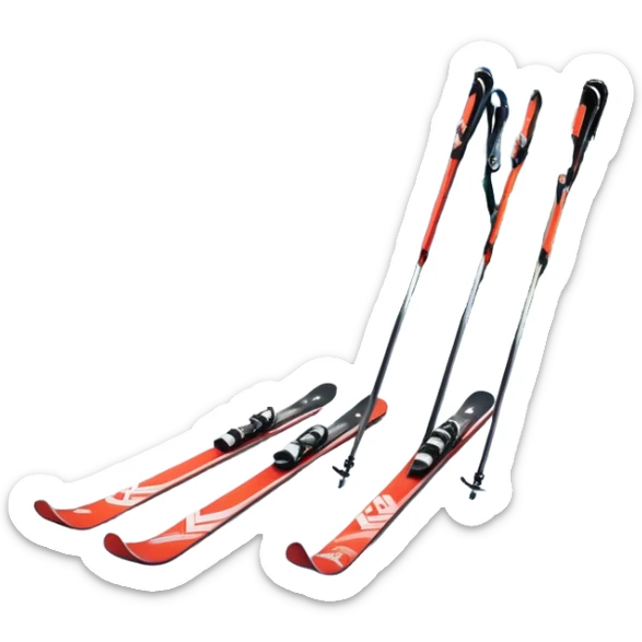 An icon featuring a pair of skis and ski poles in the foreground, set against a picturesque snow-covered slope. The background includes snowy peaks and evergreen trees, symbolizing the excitement and beauty of winter sports. Transparent background highlights the thrill of skiing and snowboarding. sticker