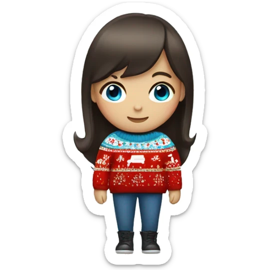 A girl with bangs of dark brown hair and blue eyes in a Christmas sweater sticker