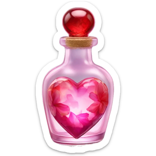 Antique oil heart bottle made of crystal glass of all gentle colors of the red and pink, a living flower fairy sits at the bottom of the bottle sticker