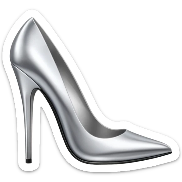 A pair of high heel shoes emoji made of polished silver chrome, elegant sharp silhouette, smooth metallic surface, glossy reflections, luxury sexy vibe, minimalistic iOS emoji style, centered, clean white background sticker