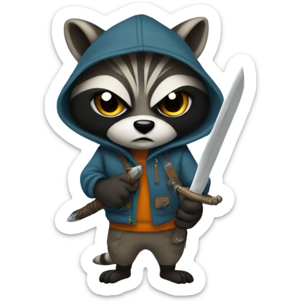 fullbody raccoon thief whith mask and hoodie serious mood holding a dagger sticker