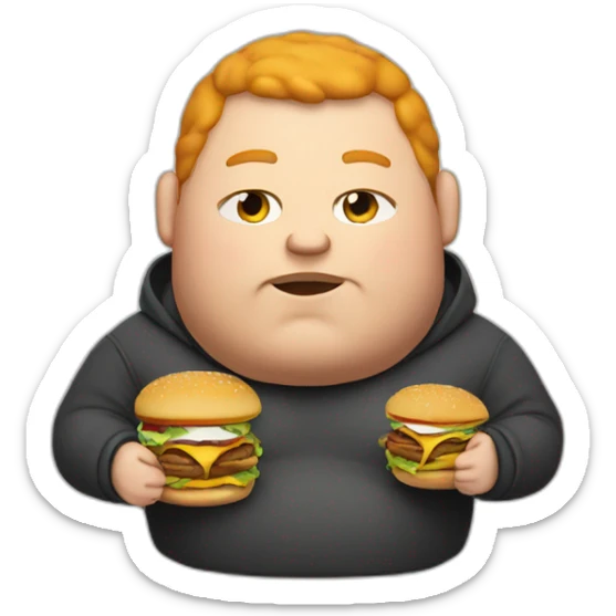 Fat man wearing a hoodie and headphones, ginger, eating a burger sticker