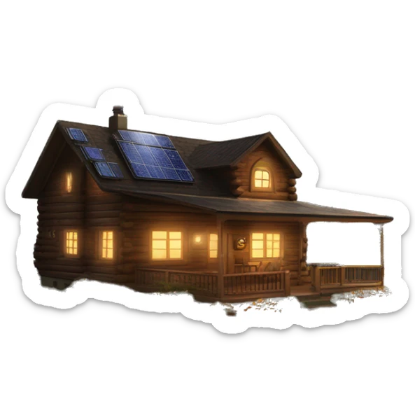 Skywalker Cabin is a clean Very big Wood Cabin near tree on the mountain in the background. The cabin is 5 stories tall with extensive solar arrays on top. The cabin sits on thick grass fields. porch lights on ,guests on porch smoking ,flowers and bushes  sticker