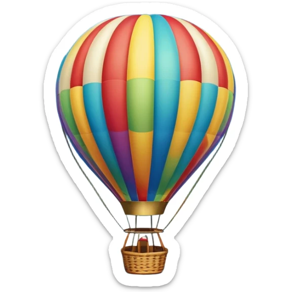 A colorful hot air balloon floating gracefully above the ground, with a clear sky and distant hills in the background. The balloon's vibrant colors stand out against the soft clouds, capturing the peaceful yet adventurous spirit of hot air ballooning. sticker