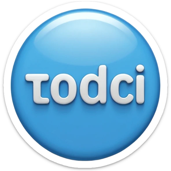 A glossy, three-dimensional emoji pin badge showing the text "TODOC". The font is modern, rounded, sans-serif, and colored in a professional medical blue. The badge has soft edges and reflections, in the style of Apple emojis. White background. sticker