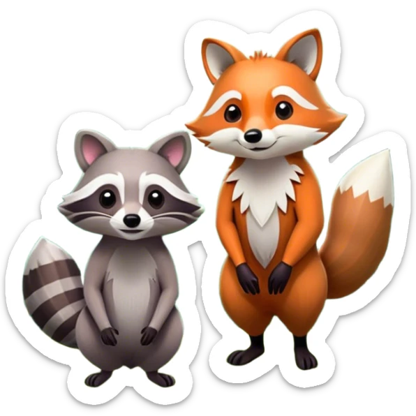 Collage of a raccoon and a fox, in close-up, set in a beautiful forest with tall trees, green bushes, and sunlight filtering through the leaves and flowers. A vibrant, wild atmosphere with a transparent background. sticker
