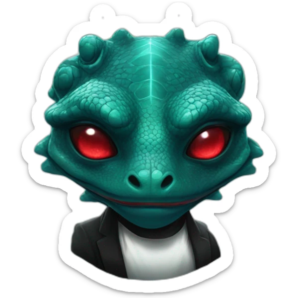 Aquamarine Reptilian with red lasers from the eyes in black suite with black universe and stars on the background sticker