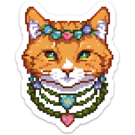 pixel art of the face of a ginger cat decorated with a garland sticker