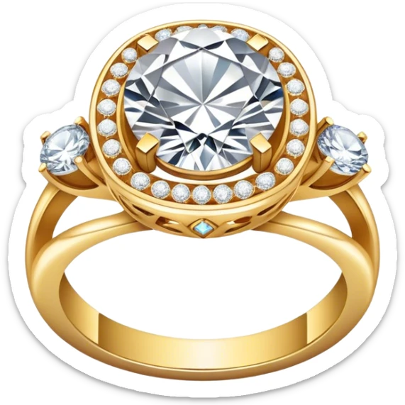 Create a bright and detailed icon representing jewelry art and the craft of making jewelry. The design should feature elements like a sparkling diamond, a gold ring, a jeweler’s tools (such as pliers and a workbench), and some delicate detailing that conveys craftsmanship and luxury. The icon should be clean, vibrant, and visually striking, with a balance of sophistication and creativity. sticker