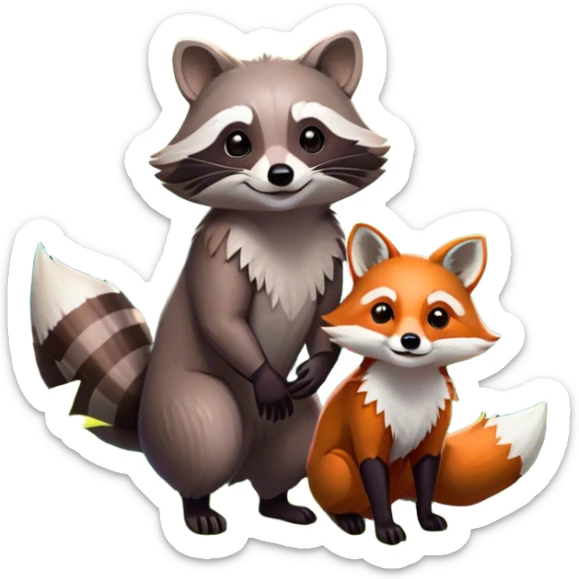 Collage of a raccoon and a fox, in close-up, surrounded by a colorful forest with rich green trees, thick bushes, and vibrant foliage. Sunlight peeks through the branches, casting warm light on the animals. A lively, natural setting with a transparent background. sticker