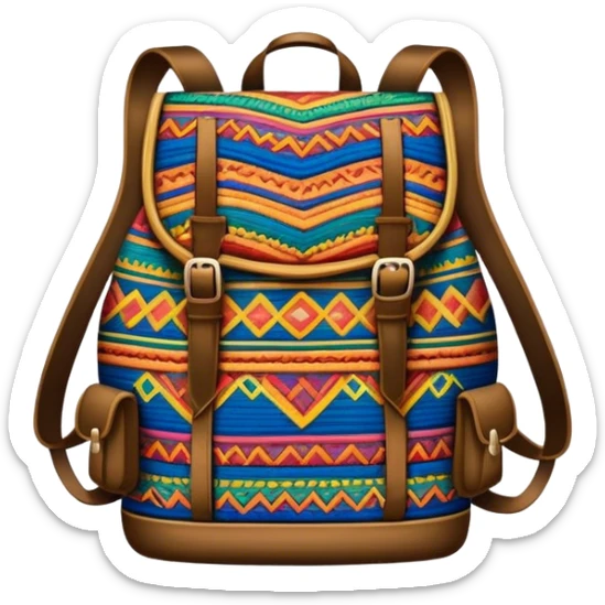 Cinematic Realistic image of a traditional Colombian mochila, rendered with detailed woven textures and vibrant patterns, set against a rustic backdrop with soft, cultural lighting sticker