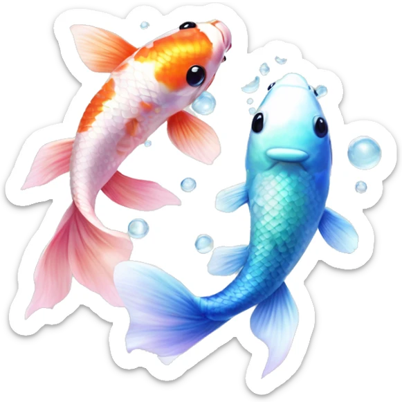  Two realistic koi fish, one green & blue, the other pink & white, swimming in circle, ying yang, Pisces fish, cloudy, water, dreamy, bubbles, iridescent sticker