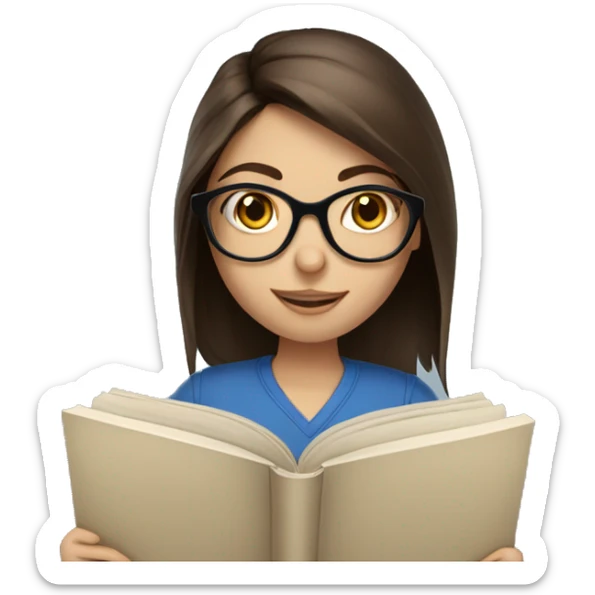 Medium length brunette haired blue eyed girl reading a book and wearing glasses sticker
