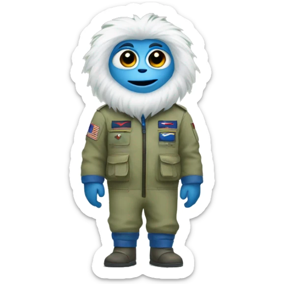 A yeti with big eyes wearing a khaki green flight suit with blue hands and feet sticker