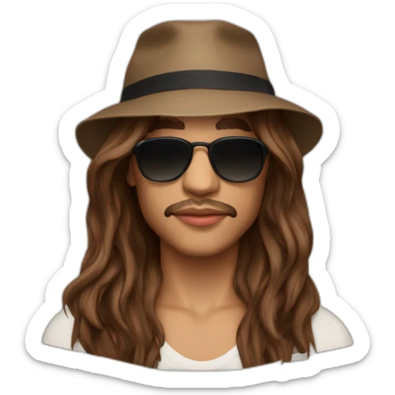 The french singer Lorenzo with this style : long brown hair bucket hat and sunglasses sticker