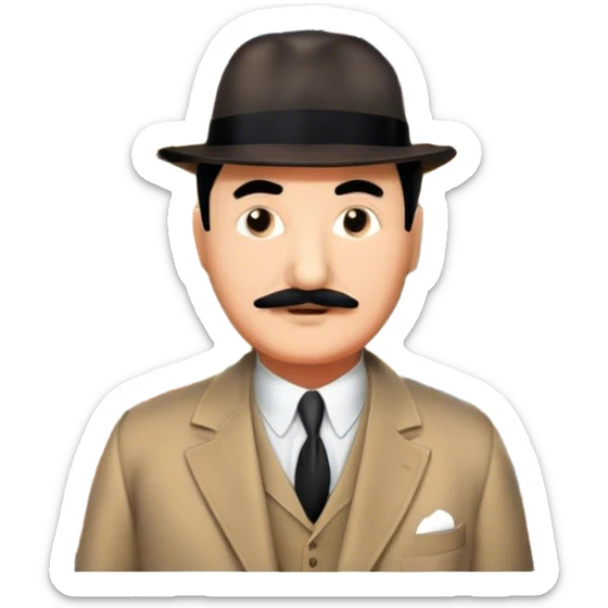 Icon for Detective Movies: A colorful collage with Hercule Poirot and mysterious city backdrop. Include a board with photos of suspects, clues like fingerprints and a crime scene. Retro movie poster style. Transparent background. sticker