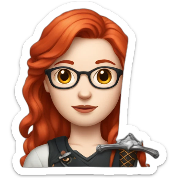 very pale girl with glasses and earrings and straight middle length red hair and sword earrings and heart tatoo sticker
