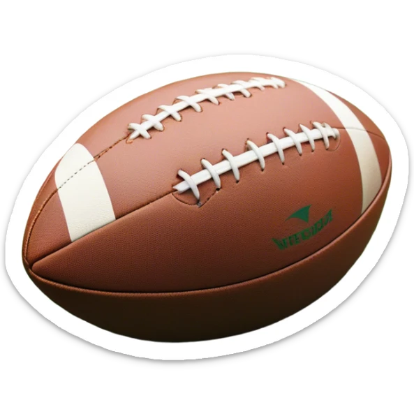 Cinematic Realistic image of a rugby ball resting on verdant turf, rendered with intricate stitching details and subtle weathering, bathed in warm, natural lighting that emphasizes its enduring character sticker