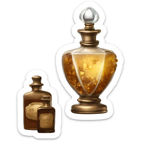 An antique perfume bottle with oil made of bronze and brown crystals, from which white cream and coffee milk flow, yellow flowers of fragrant vanilla lie next to it sticker