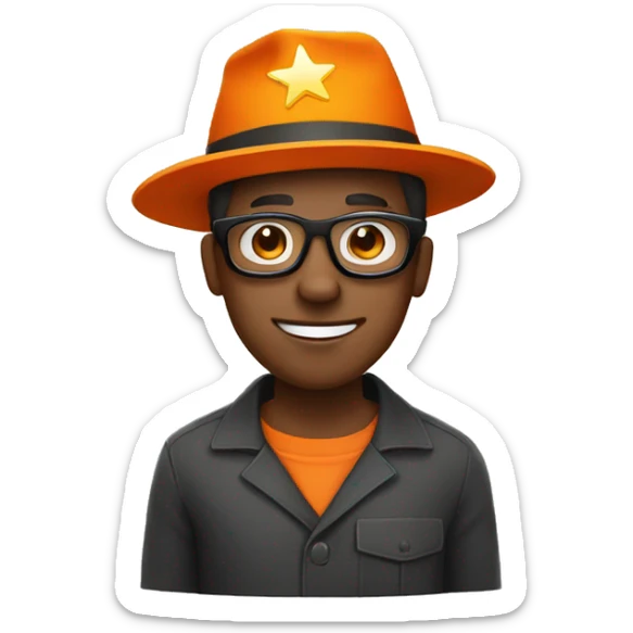 An african american man in an orange jumpsuit with black glasses and a star on his orange hat. sticker