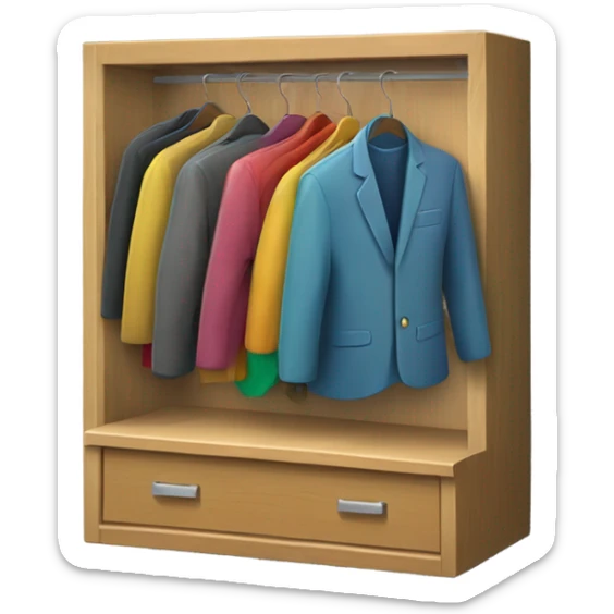 Design an emoji-style icon of an open wardrobe with clothes hanging inside. Include details like a wooden frame, hangers, and colorful clothing items such as shirts or jackets. Use a clean and minimalistic design. sticker