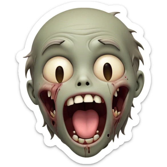 Cinematic Cute Yawning Zombie Portrait Emoji, with a delightfully quirky, slightly disheveled face in muted ashen tones, head tilted back in a big, funny yawn that reveals quirky stitches and playful gaps, simplified yet irresistibly charming, highly detailed with a soft, eerie glowing outline capturing the sleepy, offbeat vibe of a zombie taking a nap! sticker