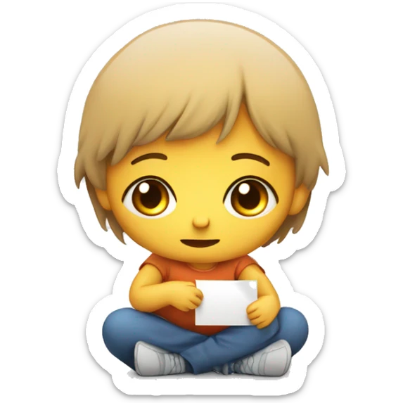 Design an emoji of a sad young child sitting on the ground, holding a sign that says "Help." The child should have basic features, with a vulnerable expression and a simple, relatable look. sticker