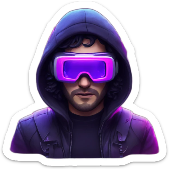 John Snow wearing a black hoodie with "OMG" letters on it and VR headset in a cyberpunk VR environment with violet neon lighting. sticker