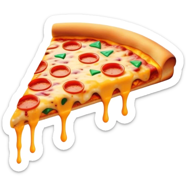 Emoji: A slice of pizza with glowing neon cheese drips. The crust is crispy but has small, futuristic circuits embedded, as if it’s a snack from the future. Bright and playful cyberpunk colors. sticker